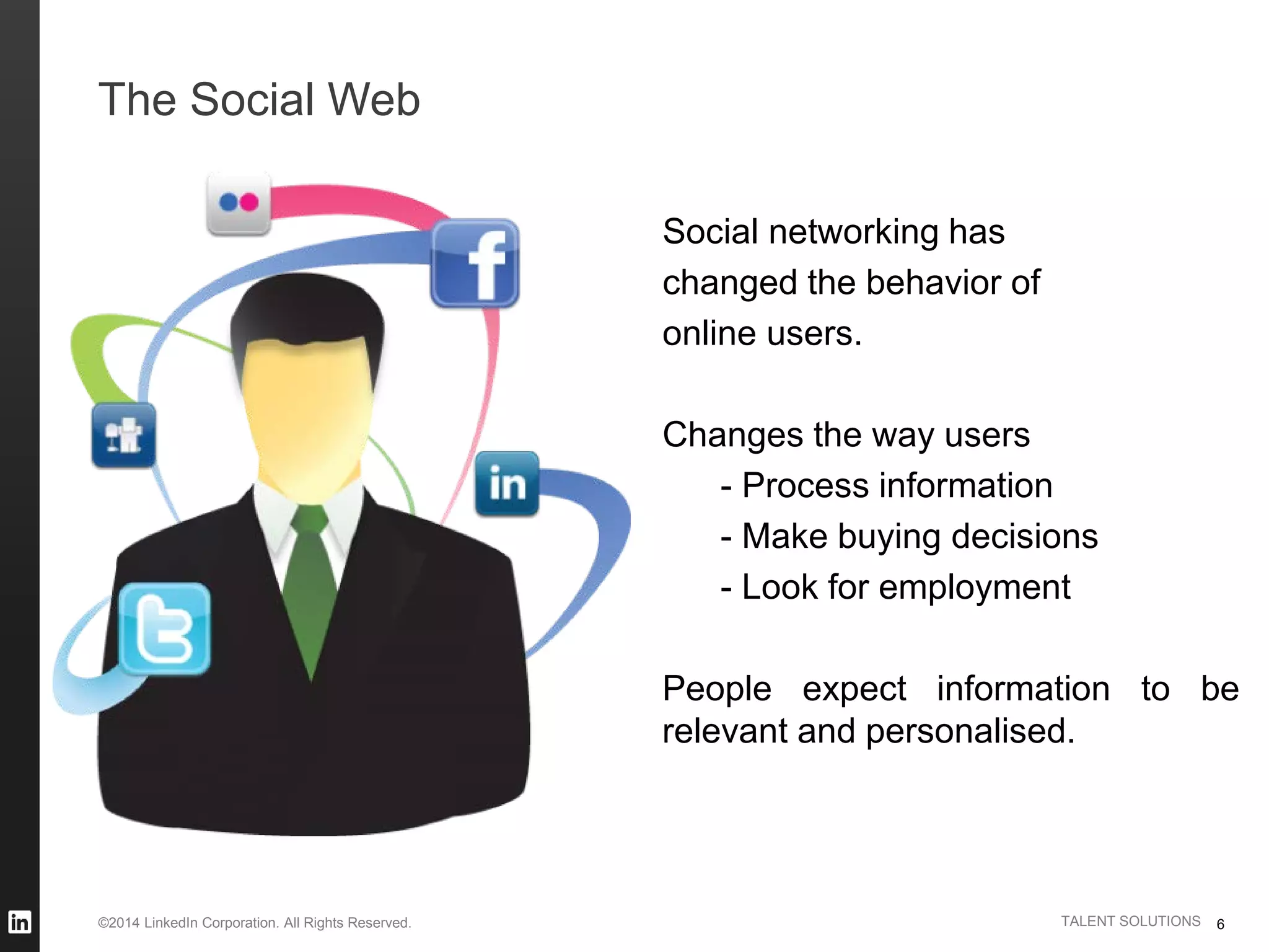 ©2014 LinkedIn Corporation. All Rights Reserved. TALENT SOLUTIONS
The Social Web
6
Social networking has
changed the behavior of
online users.
Changes the way users
- Process information
- Make buying decisions
- Look for employment
People expect information to be
relevant and personalised.
 