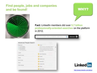 WHY?
Fact: LinkedIn members did over 5.7 billion
professionally-oriented searches on the platform
in 2012.
Find people, jobs and companies
and be found!
http://press.linkedin.com/about
 