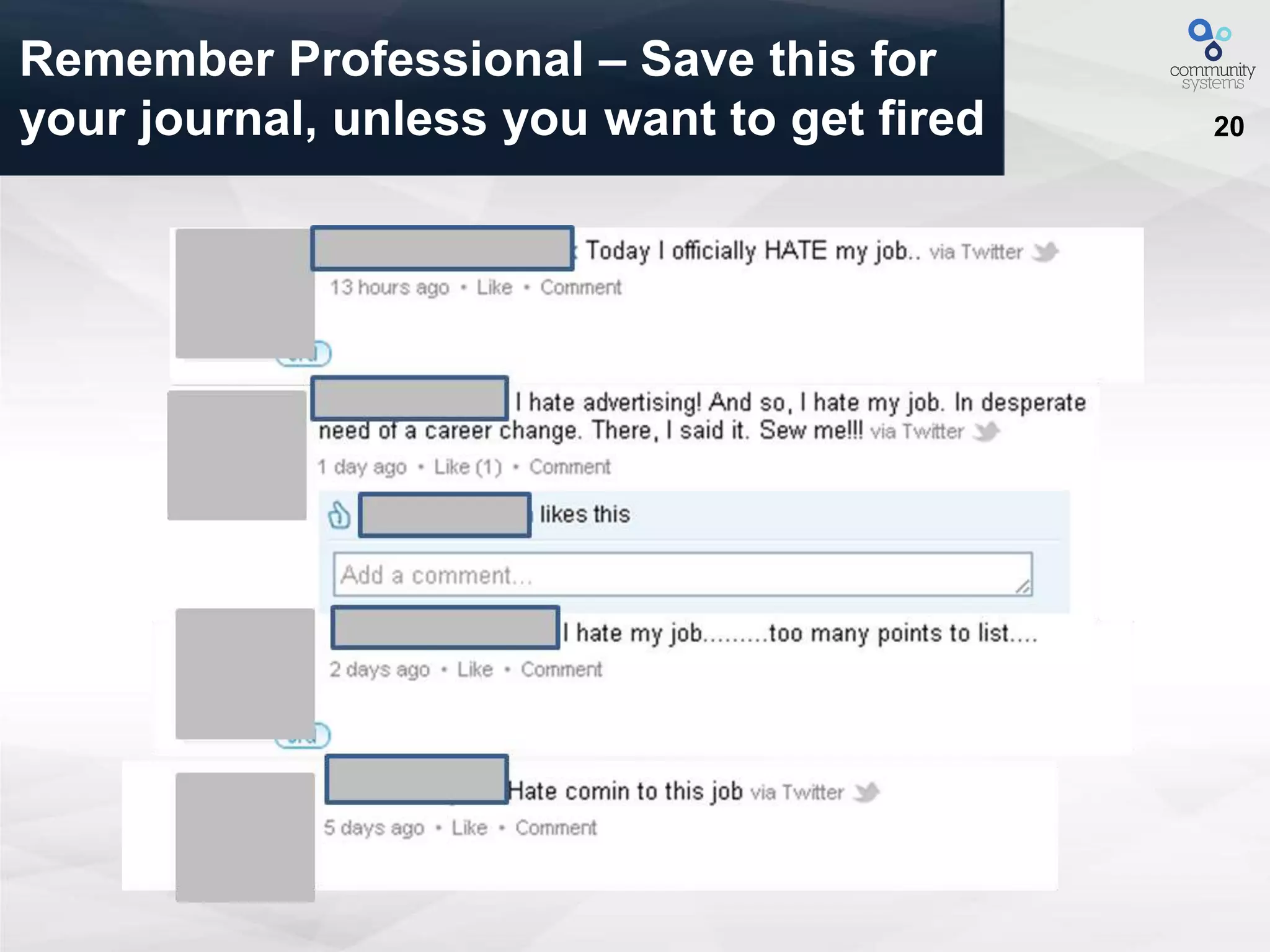20
Remember Professional – Save this for
your journal, unless you want to get fired
 