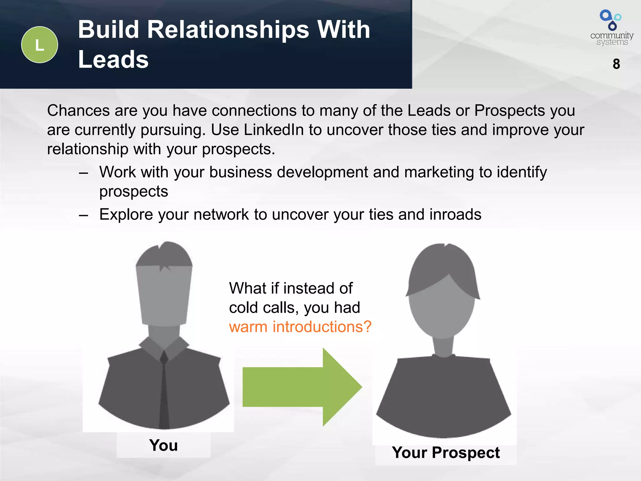 8
Build Relationships With
Leads
Chances are you have connections to many of the Leads or Prospects you
are currently pursuing. Use LinkedIn to uncover those ties and improve your
relationship with your prospects.
– Work with your business development and marketing to identify
prospects
– Explore your network to uncover your ties and inroads
What if instead of
cold calls, you had
warm introductions?
Your ProspectYou
L
 