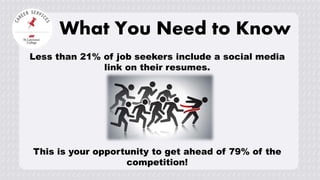 What You Need to Know
Less than 21% of job seekers include a social media
link on their resumes.
This is your opportunity to get ahead of 79% of the
competition!
 