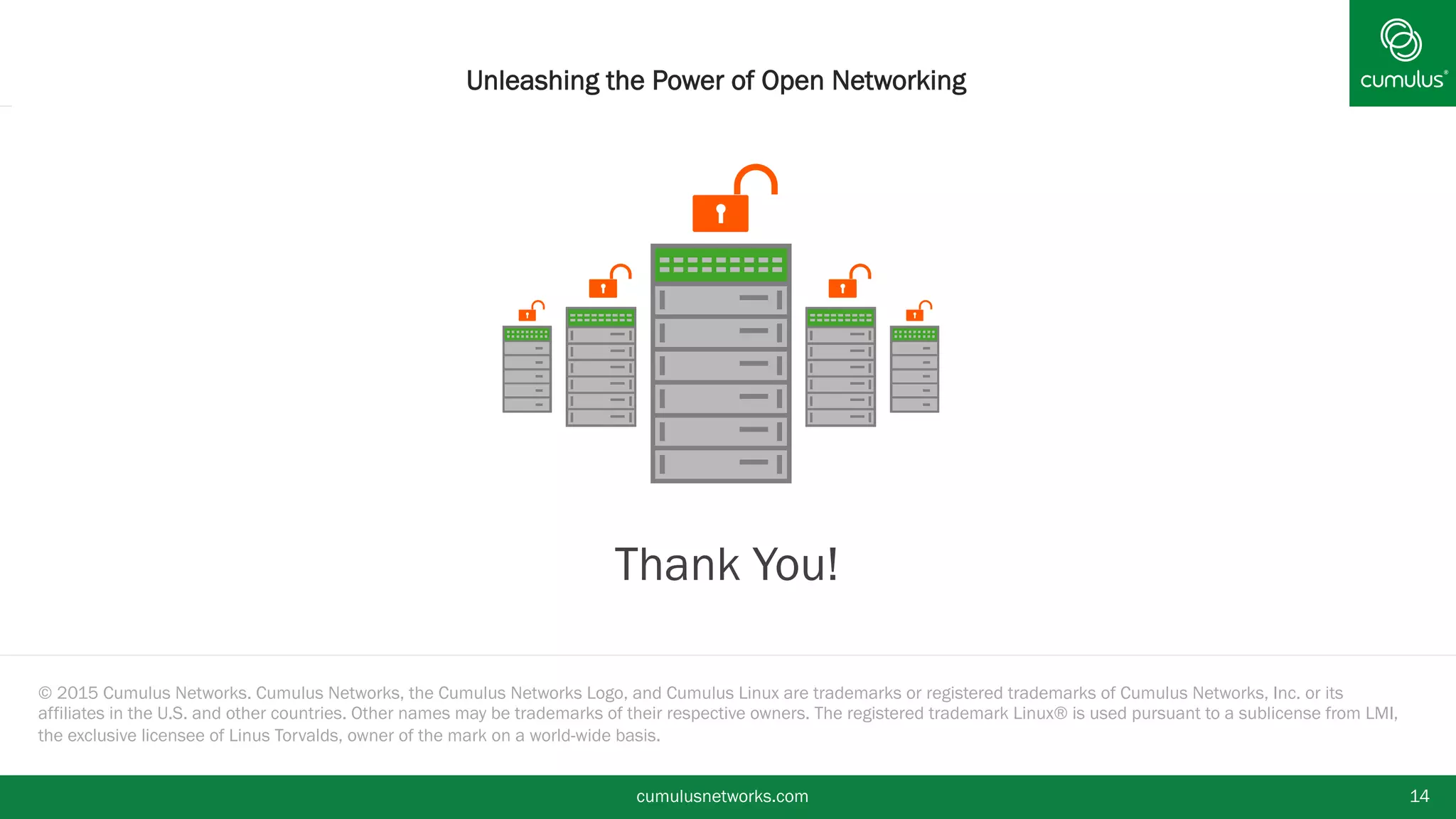 © 2015 Cumulus Networks. Cumulus Networks, the Cumulus Networks Logo, and Cumulus Linux are trademarks or registered trademarks of Cumulus Networks, Inc. or its
affiliates in the U.S. and other countries. Other names may be trademarks of their respective owners. The registered trademark Linux® is used pursuant to a sublicense from LMI,
the exclusive licensee of Linus Torvalds, owner of the mark on a world-wide basis.
§ Thank You!
cumulusnetworks.com 14
Unleashing the Power of Open Networking
 