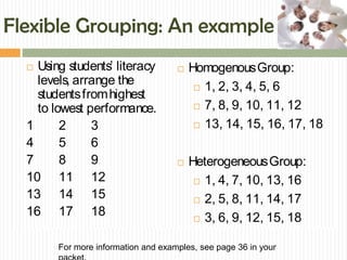 Flexible Grouping: An example
    Flexible Grouping: An Example
   Using students’ literacy                Homogenous Group:
    levels, arrange the                        1, 2, 3, 4, 5, 6
    students from highest
    to lowest performance.                     7, 8, 9, 10, 11, 12

  1      2     3                               13, 14, 15, 16, 17, 18

  4      5     6
  7      8     9                            Heterogeneous Group:
  10 11 12                                     1, 4, 7, 10, 13, 16
  13 14 15                                     2, 5, 8, 11, 14, 17
  16 17 18                                     3, 6, 9, 12, 15, 18
      Example in Handout
            For more information and examples, see page 36 in your
 