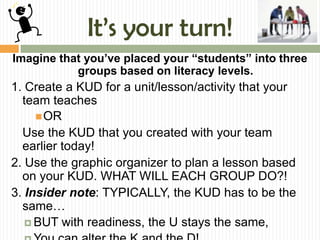 It’s your turn!
Imagine that you’ve placed your “students” into three
           groups based on literacy levels.
1. Create a KUD for a unit/lesson/activity that your
  team teaches
      OR
  Use the KUD that you created with your team
  earlier today!
2. Use the graphic organizer to plan a lesson based
  on your KUD. WHAT WILL EACH GROUP DO?!
3. Insider note: TYPICALLY, the KUD has to be the
  same…
    BUT with readiness, the U stays the same,
 