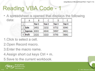 Using Macros in Microsoft Excel Part 2 Topic 9 - 9.2
© NCC Education LimitedV1.0
Reading VBA Code - 1
• A spreadsheet is opened that displays the following
data:
1.Click to select a cell.
2.Open Record macro.
3.Enter the macro name.
4.Assign short cut keys Ctrl + m.
5.Save to the current workbook.
 