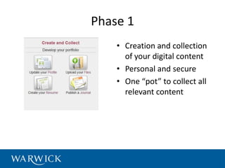 Phase 1
    • Creation and collection
      of your digital content
    • Personal and secure
    • One “pot” to collect all
      relevant content
 