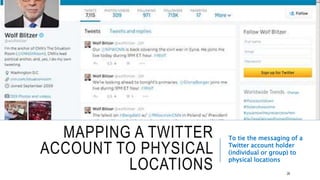 MAPPING A TWITTER ACCOUNT TO
PHYSICAL LOCATIONS
To tie the messaging of a
Twitter account holder
(individual or group) to
physical locations
28
 