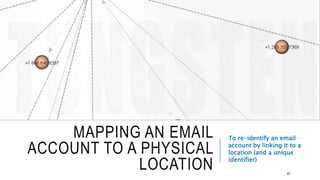 MAPPING AN EMAIL ACCOUNT TO A
PHYSICAL LOCATION
To re-identify an email account
by linking it to a location (and
a unique identifier)
40
 