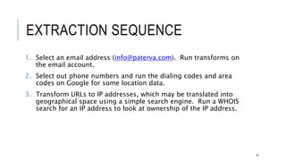 EXTRACTION SEQUENCE
1. Select an email address (info@paterva.com). Run transforms on the email
account.
2. Select out phone numbers and run the dialing codes and area codes on Google
for some location data.
3. Transform URLs to IP addresses, which may be translated into geographical space
using a simple search engine. Run a WHOIS search for an IP address to look at
ownership of the IP address.
41
 