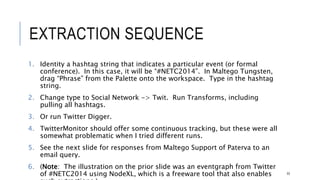 EXTRACTION SEQUENCE
1. Identity a hashtag string that indicates a particular event (or formal conference). In this
case, it will be “#NETC2014”. In Maltego Tungsten, drag “Phrase” from the Palette onto
the workspace. Type in the hashtag string.
2. Change type to Social Network -> Twit. Run Transforms, including pulling all hashtags.
3. Or run Twitter Digger.
4. TwitterMonitor should offer some continuous tracking, but these were all somewhat
problematic when I tried different runs.
5. See the next slide for responses from Maltego Support of Paterva to an email query.
6. (Note: The illustration on the prior slide was an eventgraph from Twitter of #NETC2014
using NodeXL, which is a freeware tool that also enables such extractions.)
53
 