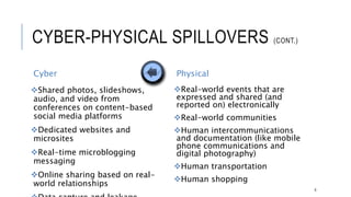 CYBER-PHYSICAL SPILLOVERS (CONT.)
Cyber Physical
Real-world events that are expressed
and shared (and reported on)
electronically
Real-world communities
Human intercommunications and
documentation (like mobile phone
communications and digital
photography)
Human transportation
Human shopping
6
Shared photos, slideshows, audio, and
video from conferences on content-
based social media platforms
Dedicated websites and microsites
Real-time microblogging messaging
Online sharing based on real-world
relationships
Data capture and leakage
 