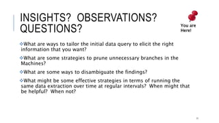 INSIGHTS? OBSERVATIONS? QUESTIONS?
What are ways to tailor the initial data query to elicit the right information that you
want?
What are some strategies to prune unnecessary branches in the Machines?
What are some ways to disambiguate the findings?
What might be some effective strategies in terms of running the same data
extraction over time at regular intervals? When might that be helpful? When not?
77
You are Here!
 