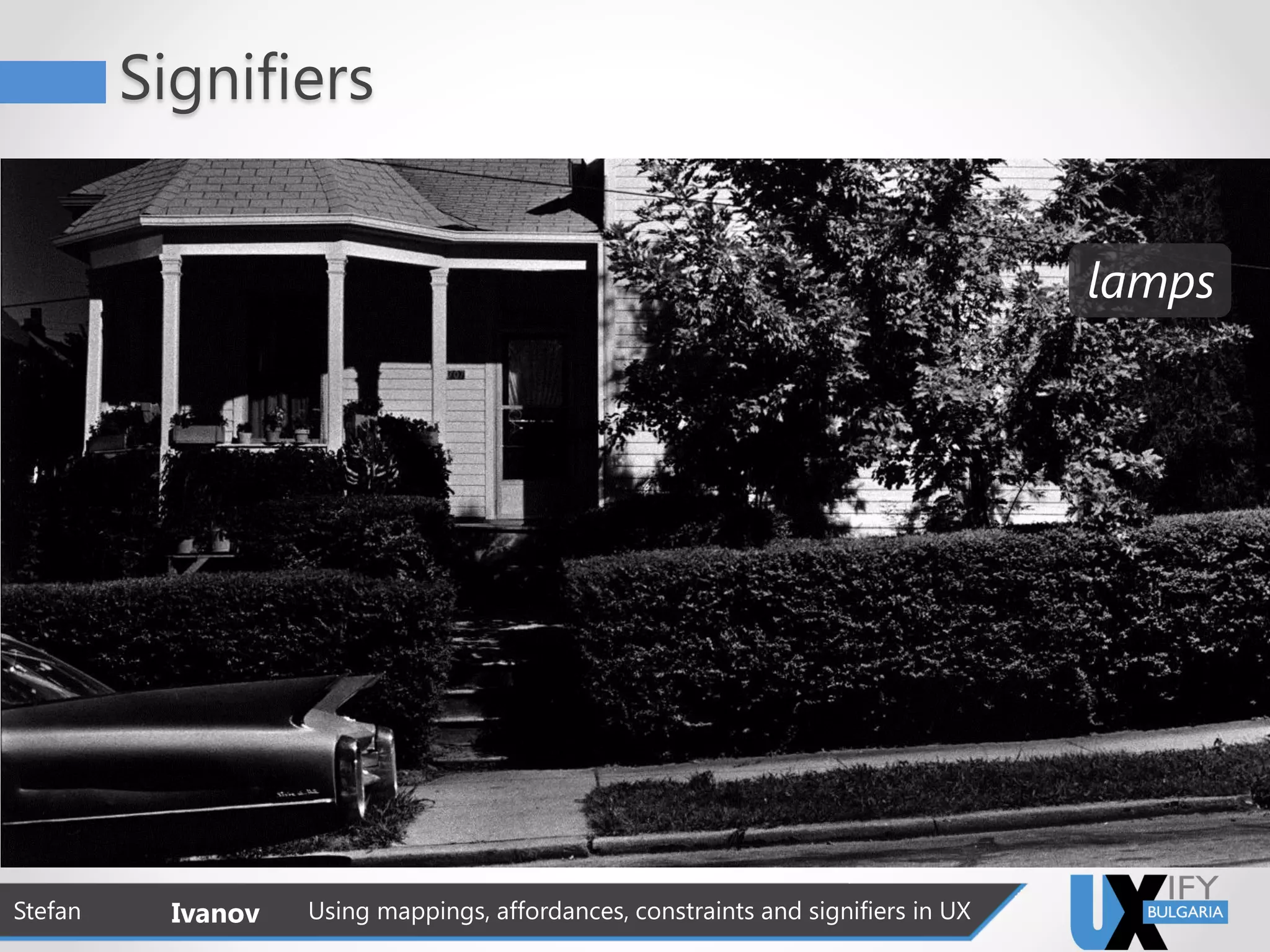 lamps
Signifiers
Stefan Ivanov Using mappings, affordances, constraints and signifiers in UX
 