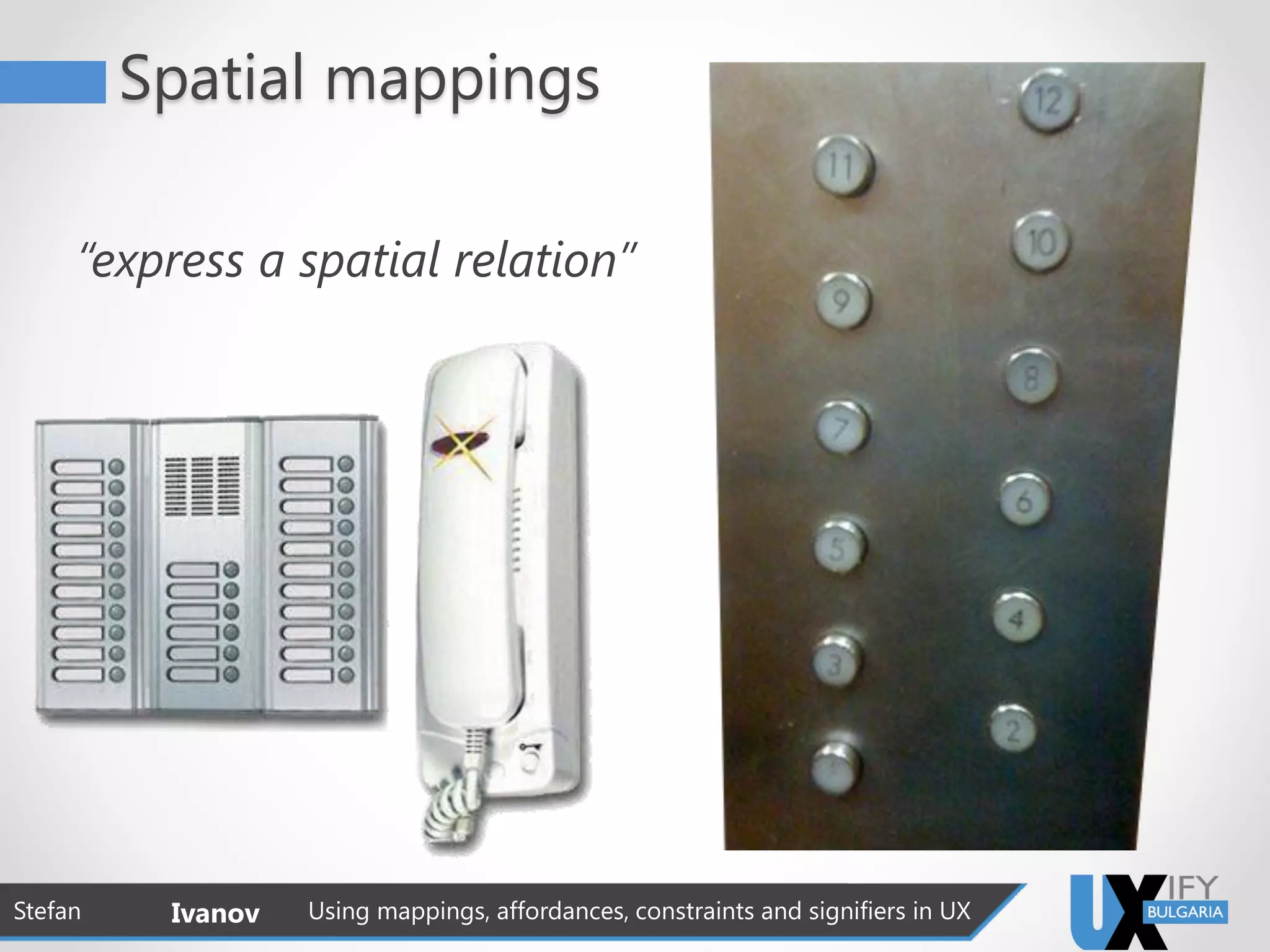 Spatial mappings
“express a spatial relation”
Stefan Ivanov Using mappings, affordances, constraints and signifiers in UX
 