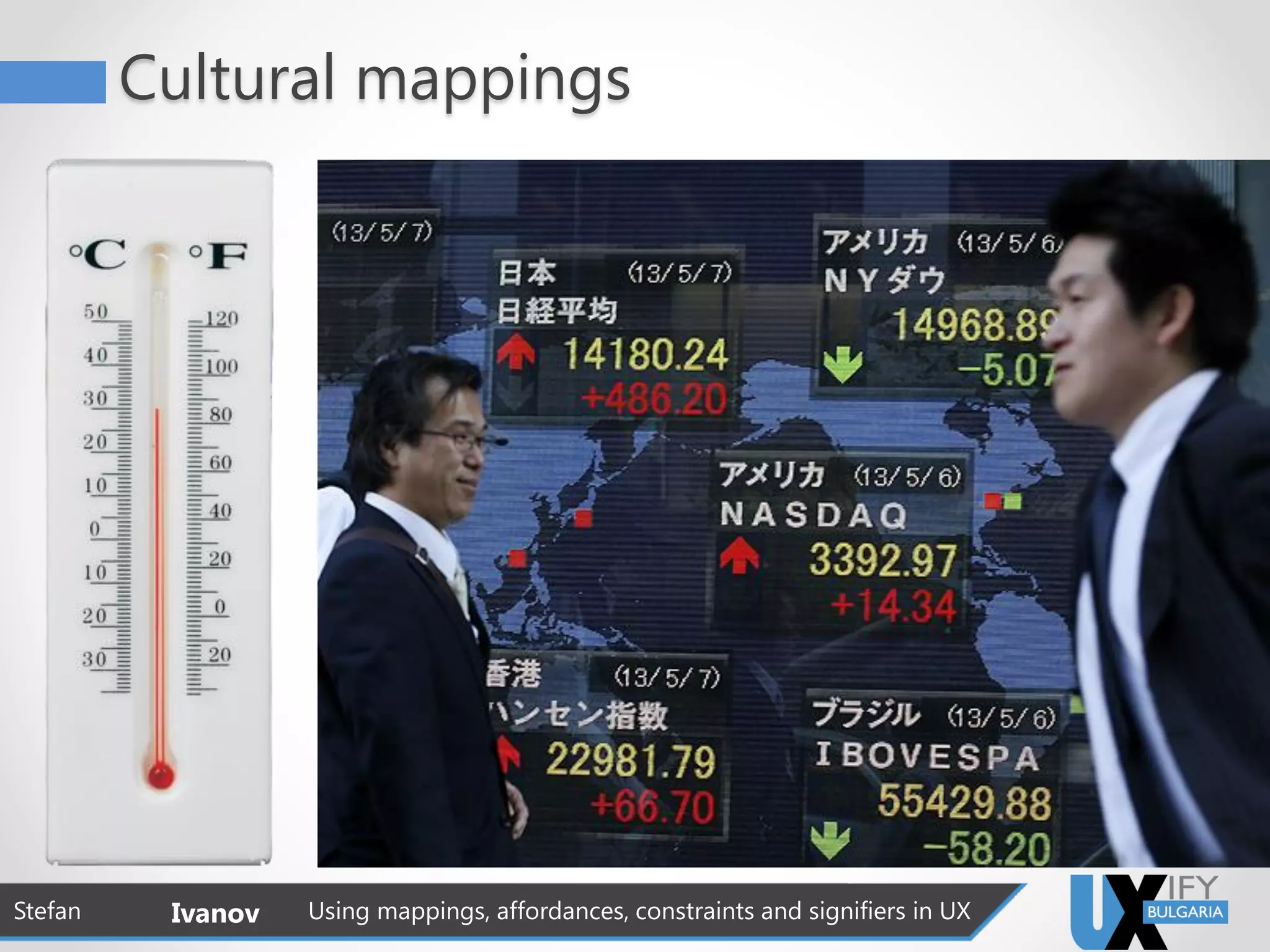 Cultural mappings
Stefan Ivanov Using mappings, affordances, constraints and signifiers in UX
 