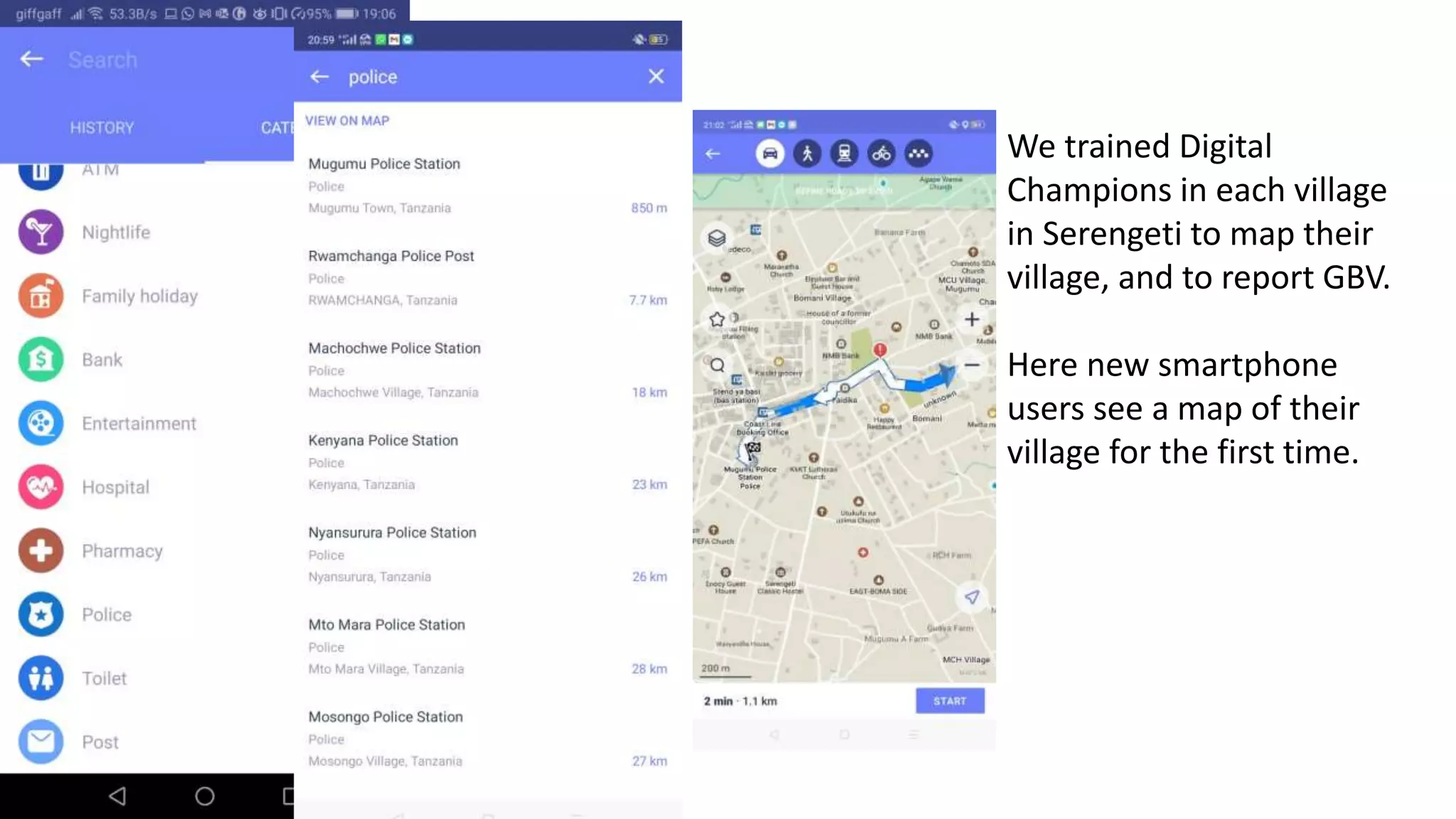 We trained Digital
Champions in each village
in Serengeti to map their
village, and to report GBV.
Here new smartphone
users see a map of their
village for the first time.
 