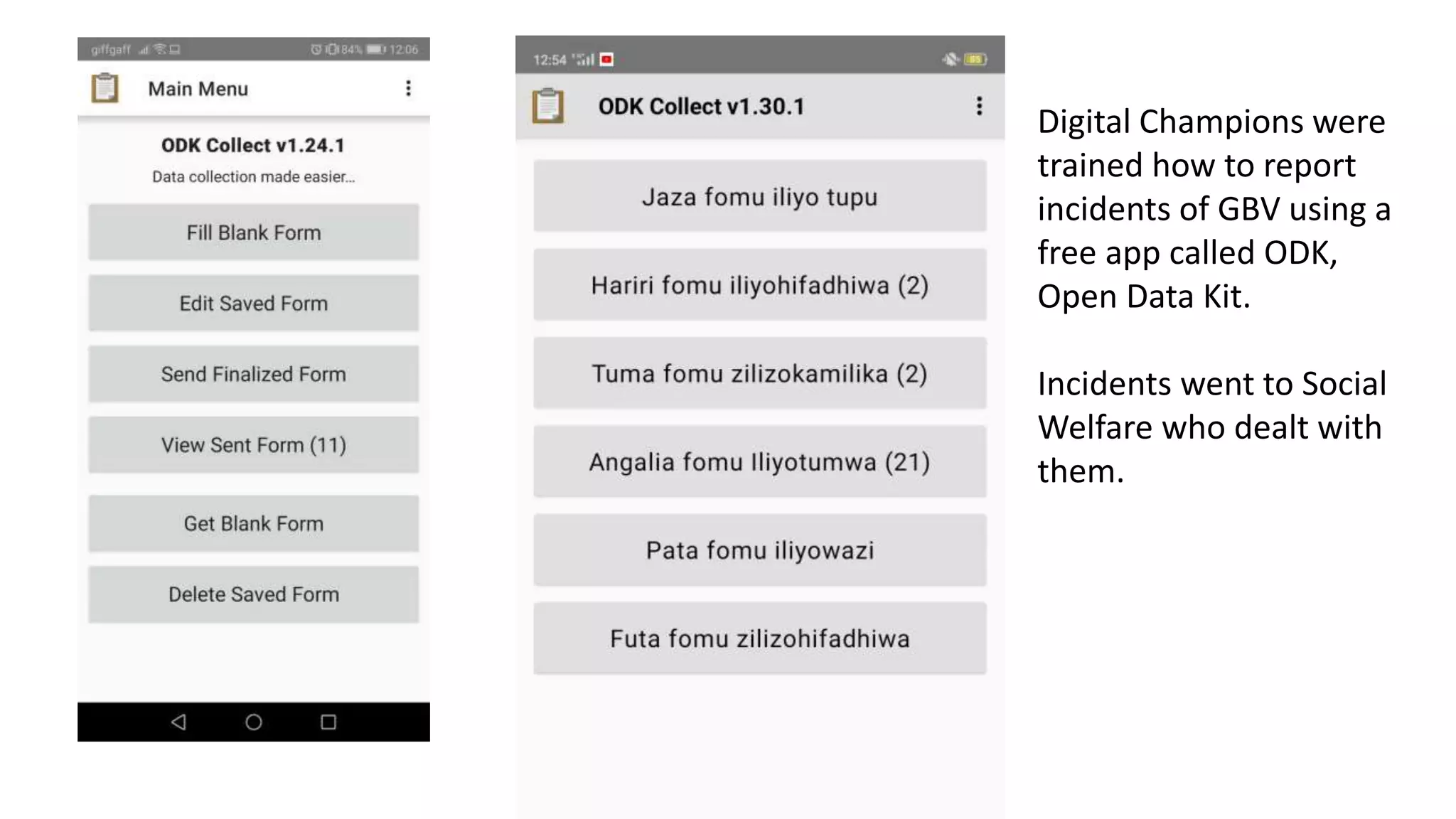 Digital Champions were
trained how to report
incidents of GBV using a
free app called ODK,
Open Data Kit.
Incidents went to Social
Welfare who dealt with
them.
 