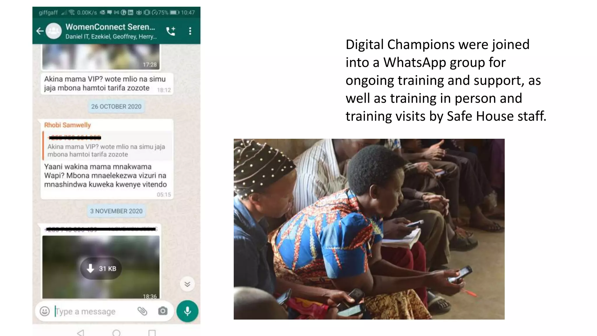 Digital Champions were joined
into a WhatsApp group for
ongoing training and support, as
well as training in person and
training visits by Safe House staff.
 