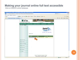 Making your journal online full text accessible
Click on EBSCO online database




                                                  18
 