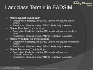 Approved for Public Release
Simulation Educators, LLC (29 June 2011)
Landclass Terrain in EADSIM
 Name: Desert (radiobutton)
 Description: If selected, the LANDCL model will assume desert
terrain.
 Restrictions: Ghosted unless LANDCL Reflectivity is selected.
 Name: Farmland (radiobutton)
 Description: If selected, the LANDCL model will assume farmland
terrain.
 Restrictions: Ghosted unless LANDCL Reflectivity is selected.
 Name: Wooded Hills (radiobutton)
 Description: If selected, the LANDCL model will assume wooded hill
terrain.
 Restrictions: Ghosted unless LANDCL Reflectivity is selected.
 Name: Mountains (radiobutton)
 Description: If selected, the LANDCL model will assume
mountainous terrain.
 Restrictions: Ghosted unless LANDCL Reflectivity is selected.
11Copyright© 2010 Jeffrey Strickland, Ph.D.
 