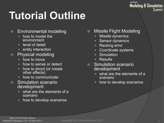 Approved for Public Release
Simulation Educators, LLC (29 June 2011)
Tutorial Outline
 Environmental modeling
 how to model the
environment
 level of detail
 entity interaction
 Physical modeling
 how to move
 how to sense or detect
 how to shoot (or create
other effects)
 how to communicate
 Simulation scenario
development
 what are the elements of a
scenario
 how to develop scenarios
 Missile Flight Modeling
 Missile dynamics
 Sensor dynamics
 Racking error
 Coordinate systems
 Simulation
 Results
 Simulation scenario
development
 what are the elements of a
scenario
 how to develop scenarios
3Copyright© 2010 Jeffrey Strickland, Ph.D.
 