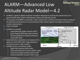Approved for Public Release
Simulation Educators, LLC (29 June 2011)
ALARM—Advanced Low
Altitude Radar Model—4.2
 ALARM is a generic digital computer simulation designed to evaluate the performance of a
ground based radar system attempting to detect low altitude aircraft.
 The purpose of ALARM is to provide a radar analyst with a software simulation tool to evaluate
the detection performance of a ground-based radar system against the target of interest in a
realistic environment.
 Used in EADSIM
 ALARM can simulate
 pulsed/Moving Target Indicator (MTI)
 pulse Doppler (PD) type radar systems
 limited capability to model continuous
wave (CW) radar.
 Radar detection calculations are based on the
signal-to-noise (S/N) radar range equations
commonly used in radar analysis.
 ALARM has four simulation modes:
 Flight Path Analysis (FPA) mode,
 Horizontal Detection Contour (HDC) mode
 Vertical Coverage Envelope (VCE) mode
 Vertical Detection Contour (VDC) mode
30Copyright© 2010 Jeffrey Strickland, Ph.D.
 