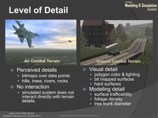 Approved for Public Release
Simulation Educators, LLC (29 June 2011)
Level of Detail
 Perceived details
 bitmaps over data points
 hills, trees, rivers, rocks
 No interaction
 simulated system does not
interact directly with terrain
details.
 Visual detail
 polygon color & lighting
 bit mapped surfaces
 hard surfaces
 Modeling detail
 surface trafficability
 foliage density
 tree trunk diameter
5
Air Combat Terrain Ground Combat Terrain
Copyright© 2010 Jeffrey Strickland, Ph.D.
 