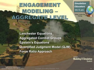 Approved for Public Release
Simulation Educators, LLC (29 June 2011)
Lanchester Equations
Aggregated Combat Groups
Epstein’s Equations
Quantified Judgment Model (QJM)
Force Ratio Approach
54Copyright© 2010 Jeffrey Strickland, Ph.D.
 