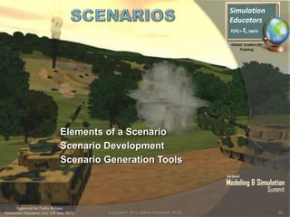 Approved for Public Release
Simulation Educators, LLC (29 June 2011)
Elements of a Scenario
Scenario Development
Scenario Generation Tools
68Copyright© 2010 Jeffrey Strickland, Ph.D.
 