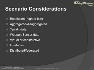 Approved for Public Release
Simulation Educators, LLC (29 June 2011)
Scenario Considerations
 Resolution (high or low)
 Aggregated-disaggregated
 Terrain data
 Weapon/Sensor data
 Virtual or constructive
 Interfaces
 Distributed/federated
70Copyright© 2010 Jeffrey Strickland, Ph.D.
 