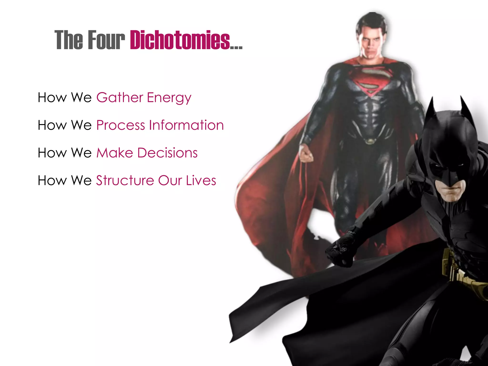 The Four Dichotomies…
How We Gather Energy
How We Process Information
How We Make Decisions
How We Structure Our Lives
 