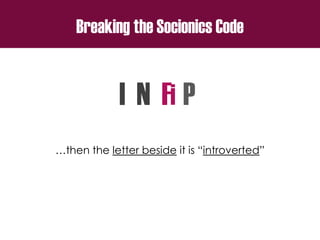 Breaking the Socionics Code
I N F P
…then the letter beside it is “introverted”
i
 