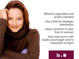 Efficient organizers and
action oriented
Has a flair for strategic
orientation
More common in men
than in women
May lose touch with
reality and forget what is
important to them
Te + Ni
 
