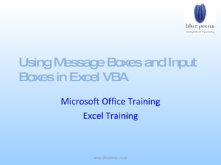Using M essage Boxes and Input
Boxes in Excel VBA
       Microsoft Office Training
            Excel Training



               www.bluepecan.co.uk
 