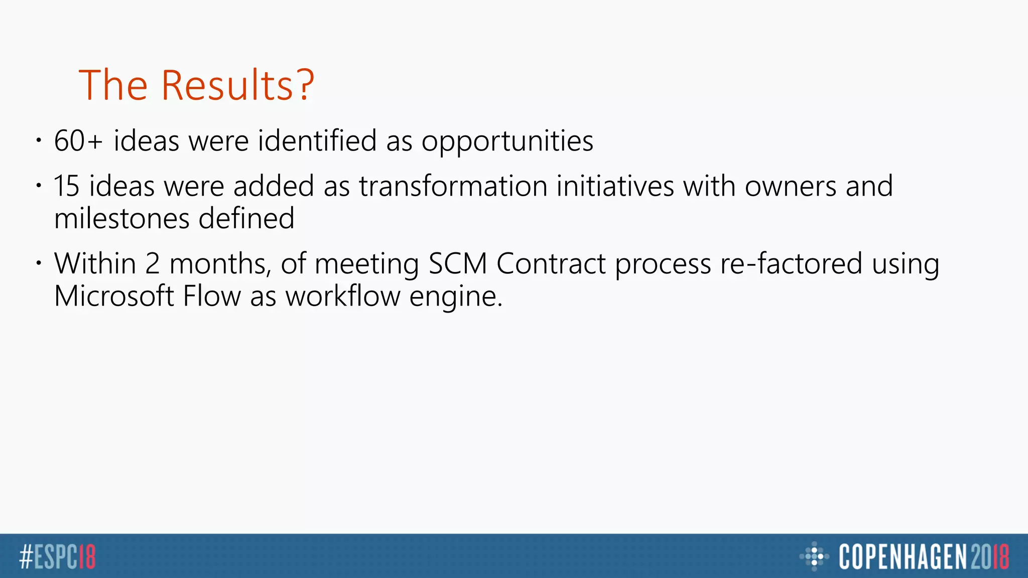 The Results?
 60+ ideas were identified as opportunities
 15 ideas were added as transformation initiatives with owners and
milestones defined
 Within 2 months, of meeting SCM Contract process re-factored using
Microsoft Flow as workflow engine.
 
