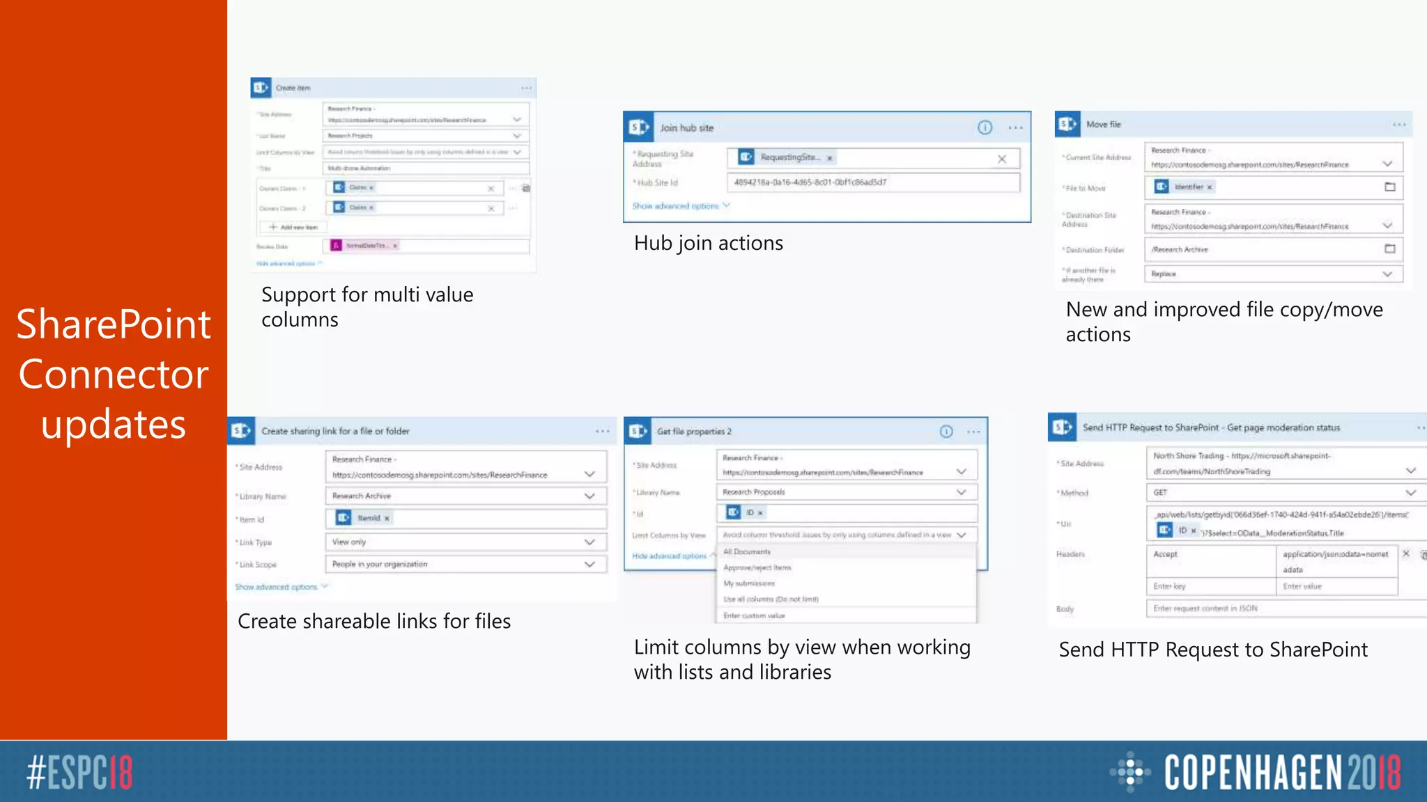 SharePoint
Connector
updates
Support for multi value
columns New and improved file copy/move
actions
Create shareable links for files
Send HTTP Request to SharePointLimit columns by view when working
with lists and libraries
Hub join actions
 