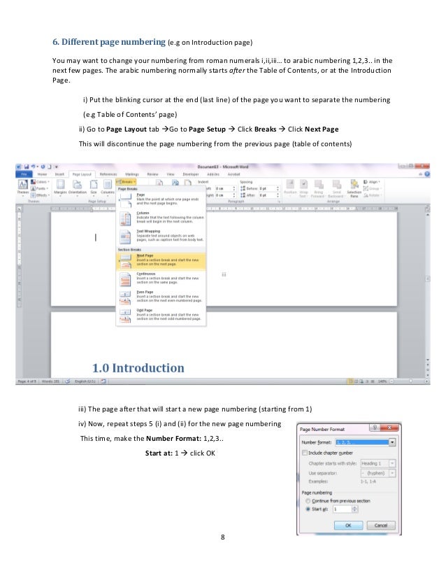 Technical report page numbering in word