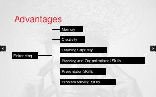 Enhancing
Advantages
Memory
Creativity
Learning Capacity
Planning and Organizational Skills
Presentation Skills
Problem Solving Skills
 