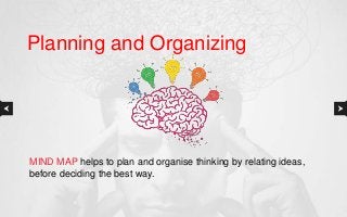 MIND MAP helps to plan and organise thinking by relating ideas,
before deciding the best way.
Planning and Organizing
 