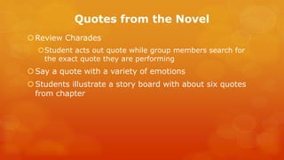 Quotes from the Novel 
Review Charades 
Student acts out quote while group members search for the exact quote they are performing 
Say a quote with a variety of emotions 
Students illustrate a story board with about six quotes from chapter 
 