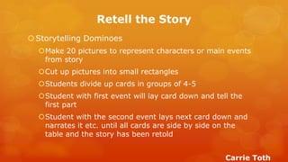 Retell the Story 
Storytelling Dominoes 
Make 20 pictures to represent characters or main events from story 
Cut up pictures into small rectangles 
Students divide up cards in groups of 4-5 
Student with first event will lay card down and tell the first part 
Student with the second event lays next card down and narrates it etc. until all cards are side by side on the table and the story has been retold 
Carrie Toth  