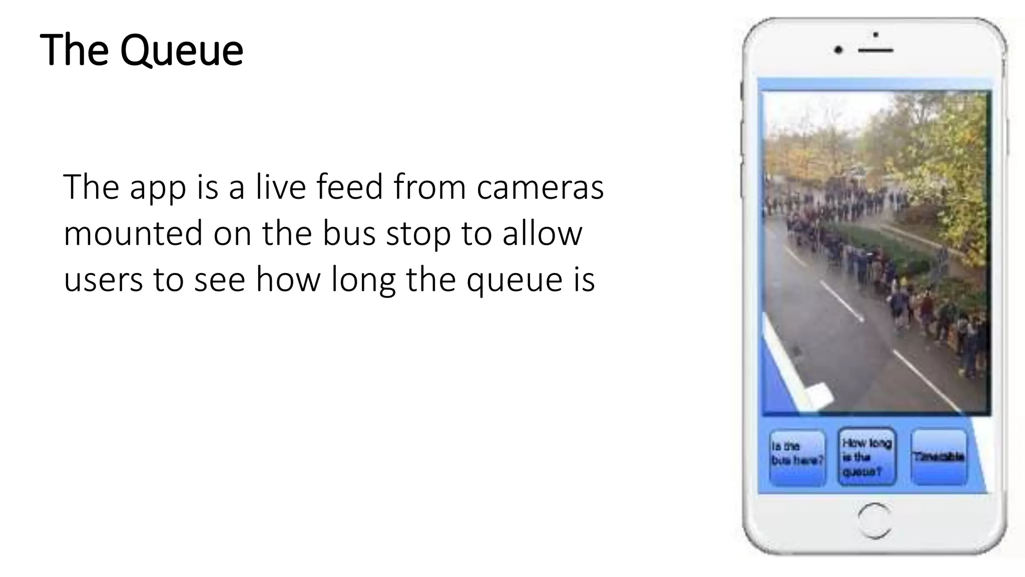 The Queue
The app is a live feed from cameras
mounted on the bus stop to allow
users to see how long the queue is
 