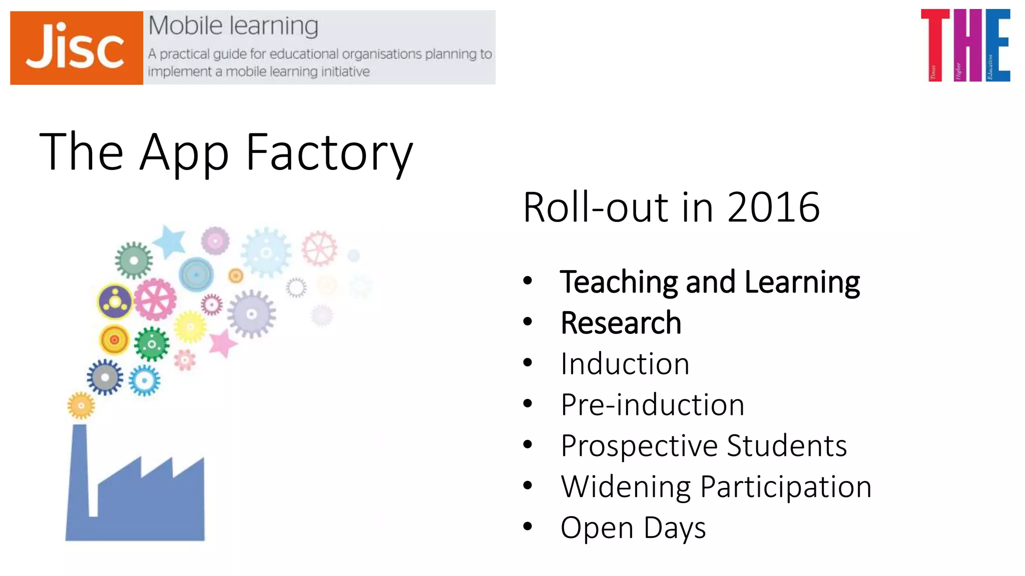 The App Factory
• Teaching and Learning
• Research
• Induction
• Pre-induction
• Prospective Students
• Widening Participation
• Open Days
Roll-out in 2016
 