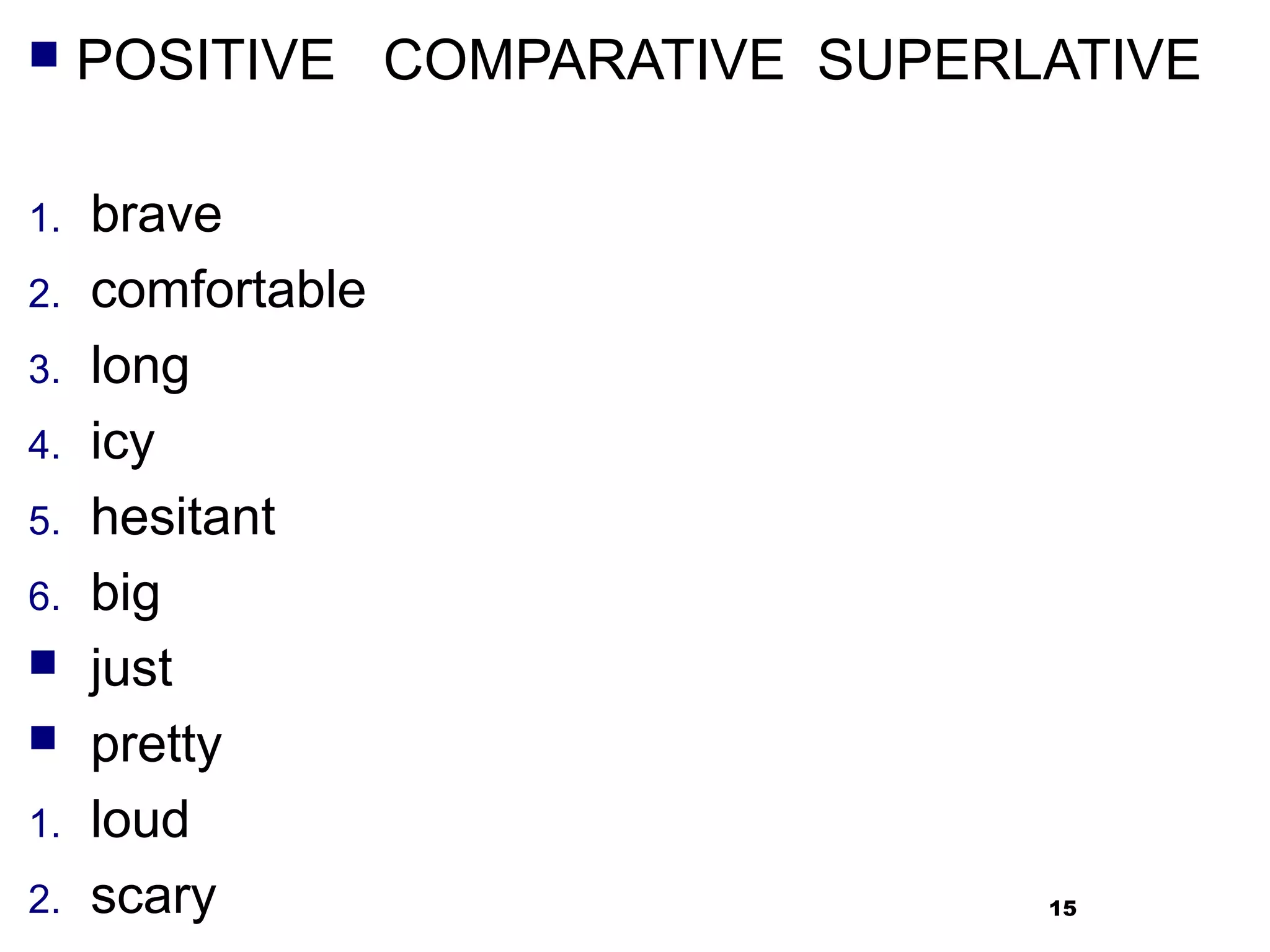     POSITIVE COMPARATIVE SUPERLATIVE

1.   brave
2.   comfortable
3.   long
4.   icy
5.   hesitant
6.   big
    just
    pretty
1.   loud
2.   scary                      15
 
