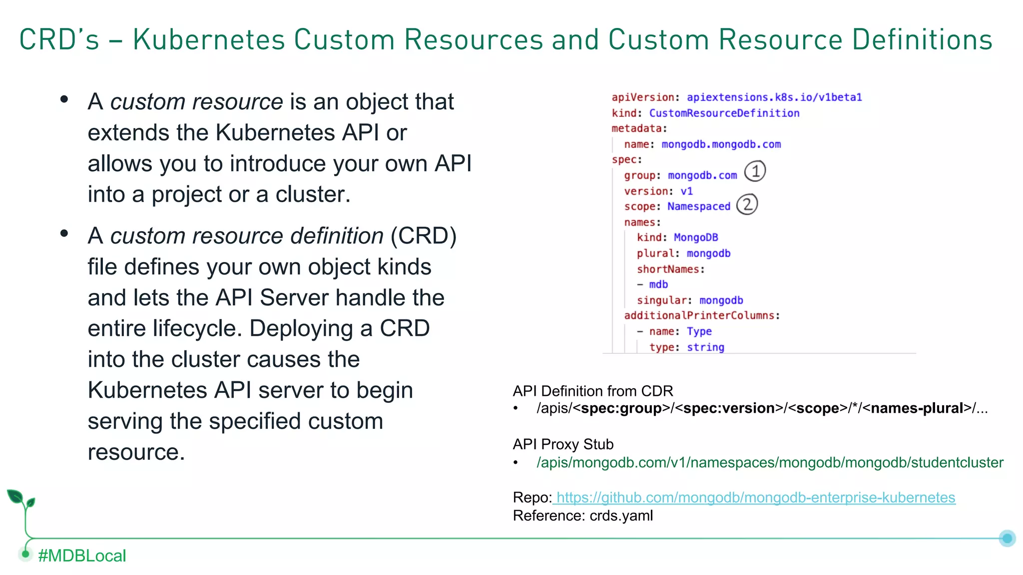 #MDBLocal • A custom resource is an object that extends the Kubernetes API or allows you to introduce your own API into a project or a cluster. • A custom resource definition (CRD) file defines your own object kinds and lets the API Server handle the entire lifecycle. Deploying a CRD into the cluster causes the Kubernetes API server to begin serving the specified custom resource. CRD’s – Kubernetes Custom Resources and Custom Resource Definitions API Definition from CDR • /apis/<spec:group>/<spec:version>/<scope>/*/<names-plural>/... API Proxy Stub • /apis/mongodb.com/v1/namespaces/mongodb/mongodb/studentcluster Repo: https://github.com/mongodb/mongodb-enterprise-kubernetes Reference: crds.yaml 