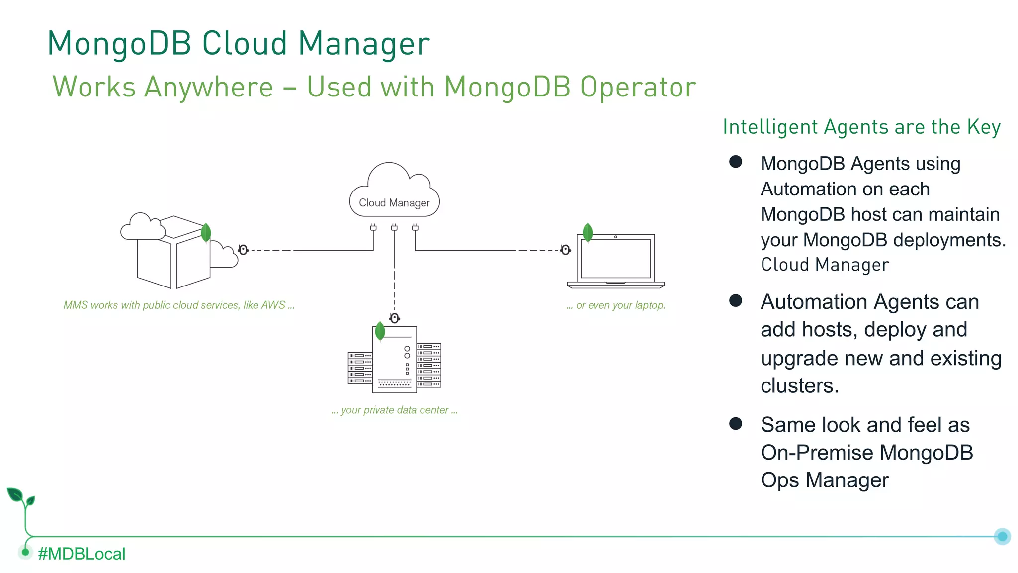 #MDBLocal MongoDB Cloud Manager Intelligent Agents are the Key ● MongoDB Agents using Automation on each MongoDB host can maintain your MongoDB deployments. Cloud Manager ● Automation Agents can add hosts, deploy and upgrade new and existing clusters. ● Same look and feel as On-Premise MongoDB Ops Manager Works Anywhere – Used with MongoDB Operator 