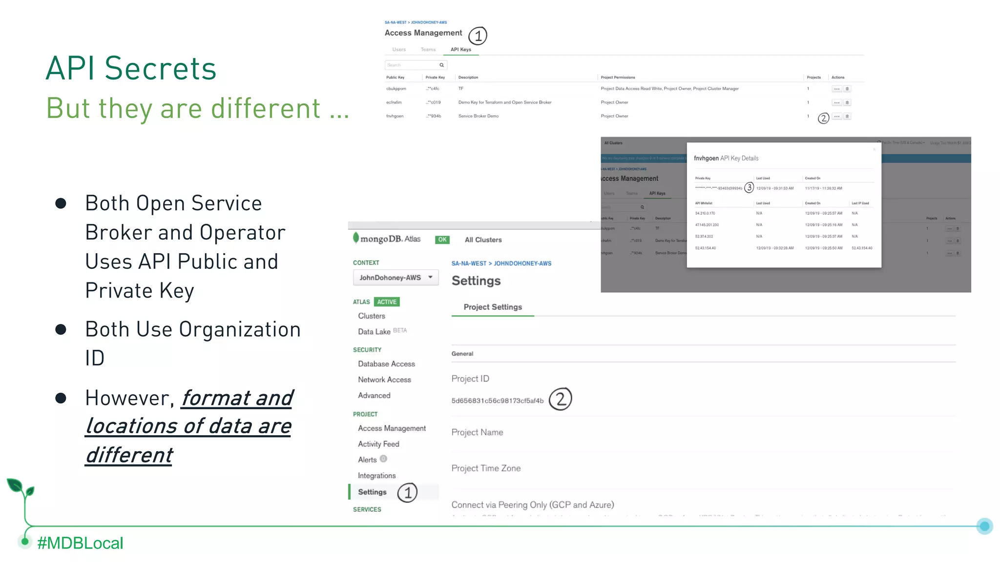 #MDBLocal API Secrets ● Both Open Service Broker and Operator Uses API Public and Private Key ● Both Use Organization ID ● However, format and locations of data are different But they are different … 