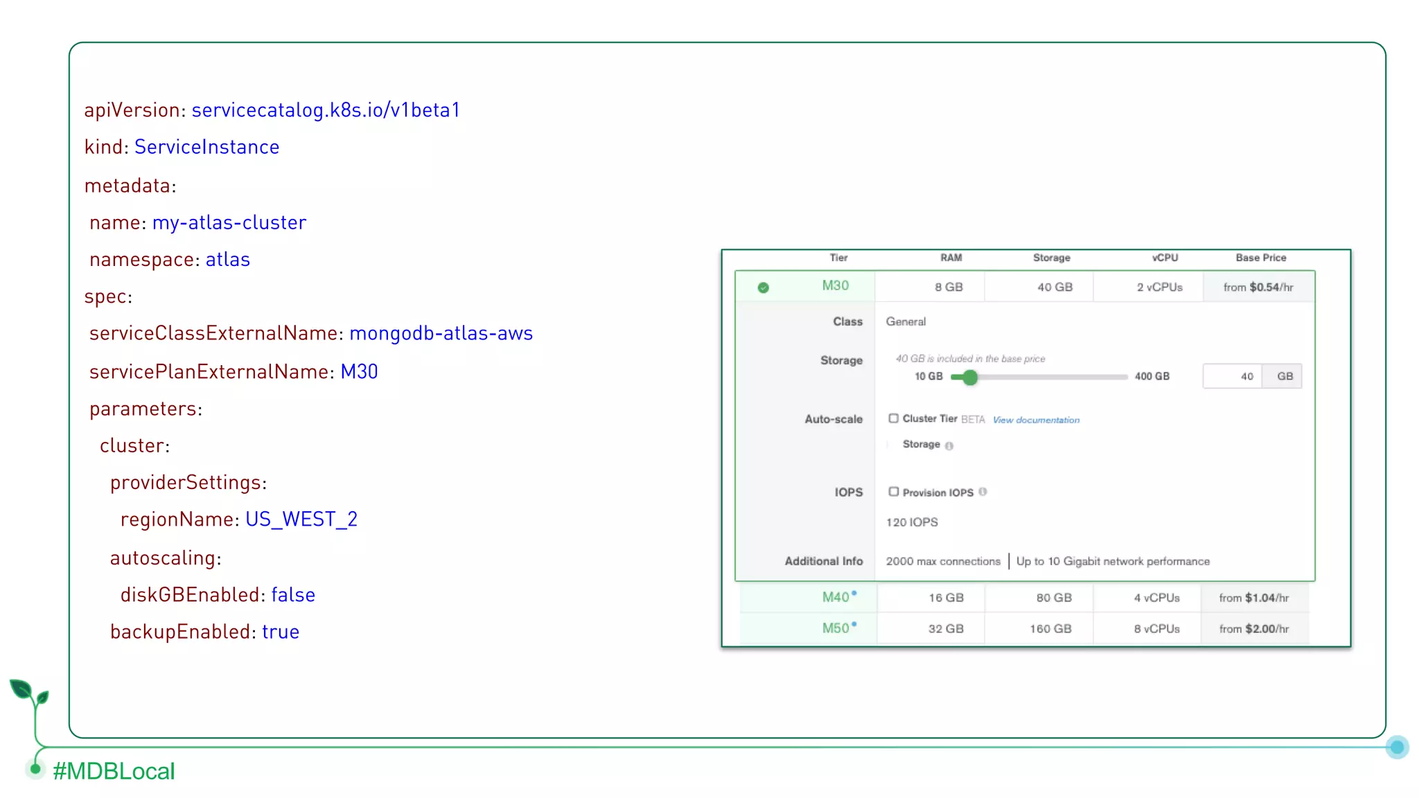 #MDBLocal apiVersion: servicecatalog.k8s.io/v1beta1 kind: ServiceInstance metadata: name: my-atlas-cluster namespace: atlas spec: serviceClassExternalName: mongodb-atlas-aws servicePlanExternalName: M30 parameters: cluster: providerSettings: regionName: US_WEST_2 autoscaling: diskGBEnabled: false backupEnabled: true 