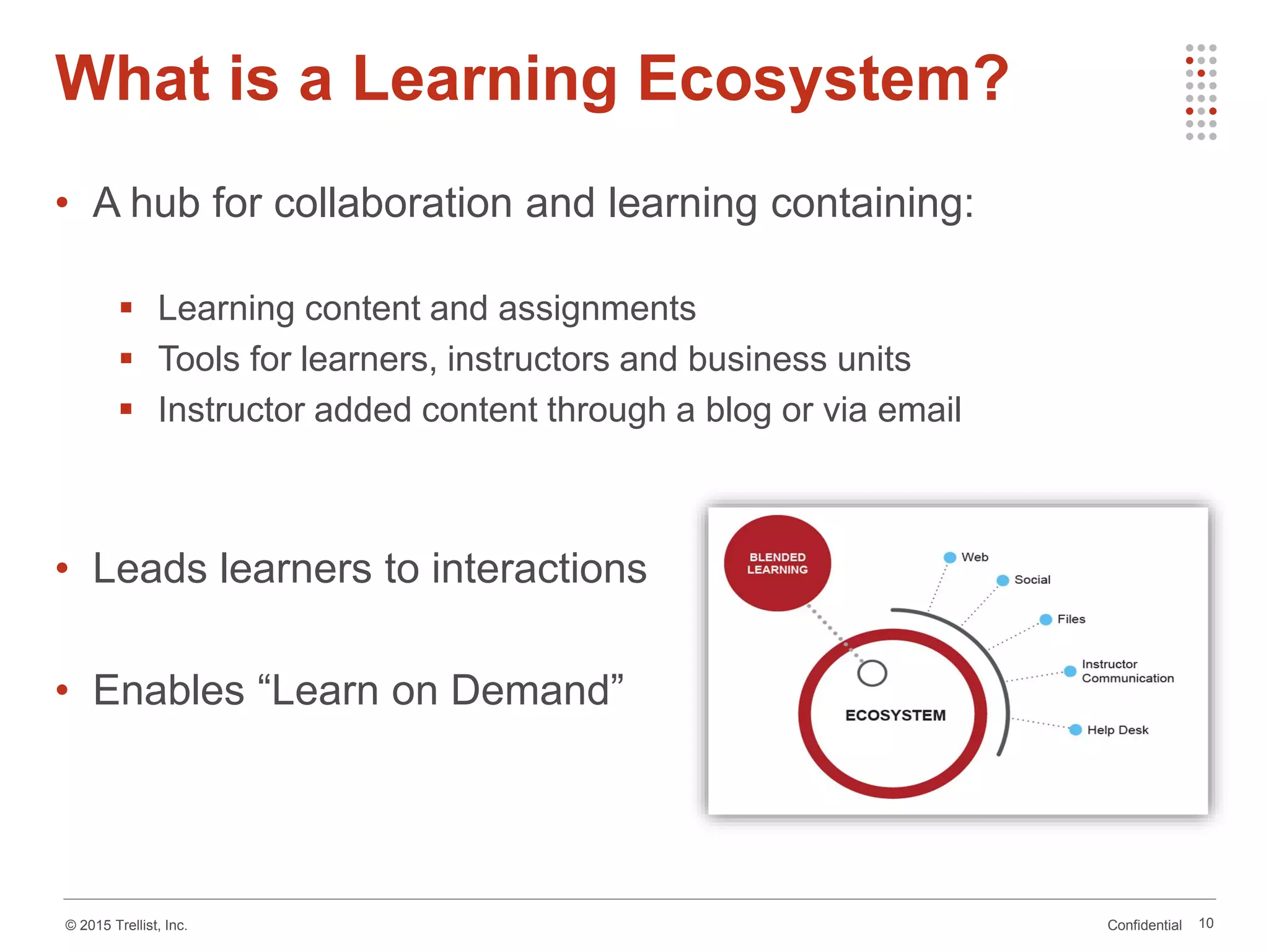 Confidential© 2015 Trellist, Inc.
What is a Learning Ecosystem?
10
• A hub for collaboration and learning containing:
 Learning content and assignments
 Tools for learners, instructors and business units
 Instructor added content through a blog or via email
• Leads learners to interactions
• Enables “Learn on Demand”
 