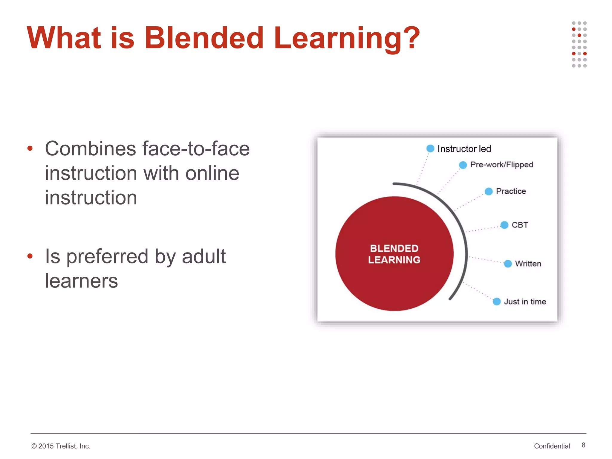 Confidential© 2015 Trellist, Inc.
What is Blended Learning?
8
• Combines face-to-face
instruction with online
instruction
• Is preferred by adult
learners
Instructor led
 